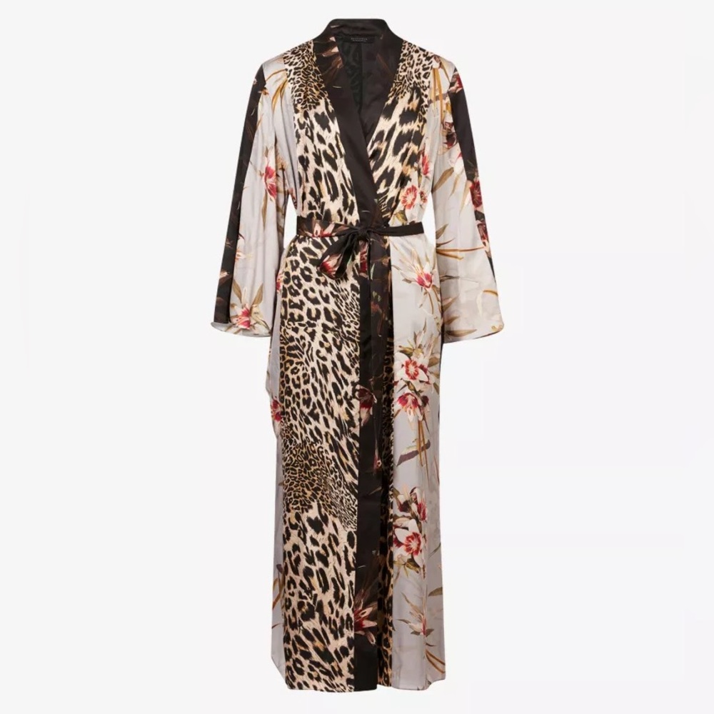 ALL SAINTS ELSA KUROYURI LEOPARD FLORAL KIMONO SLEEVE MIDI WRAP DRESS Gray 8 - Picture 2 of 15